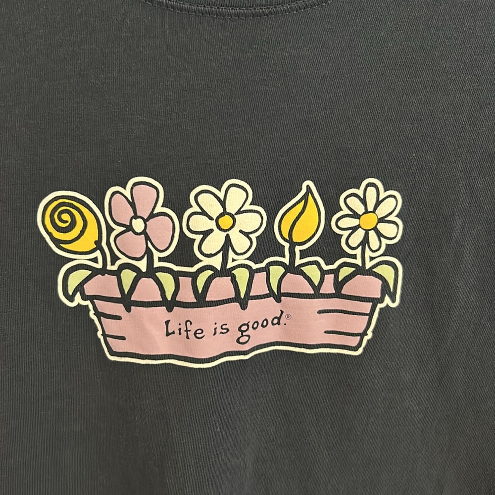Life is Good Women’s T-Shirt Flower Pot Spring/Summer Theme Navy Blue Size XXL. - Picture 2 of 7